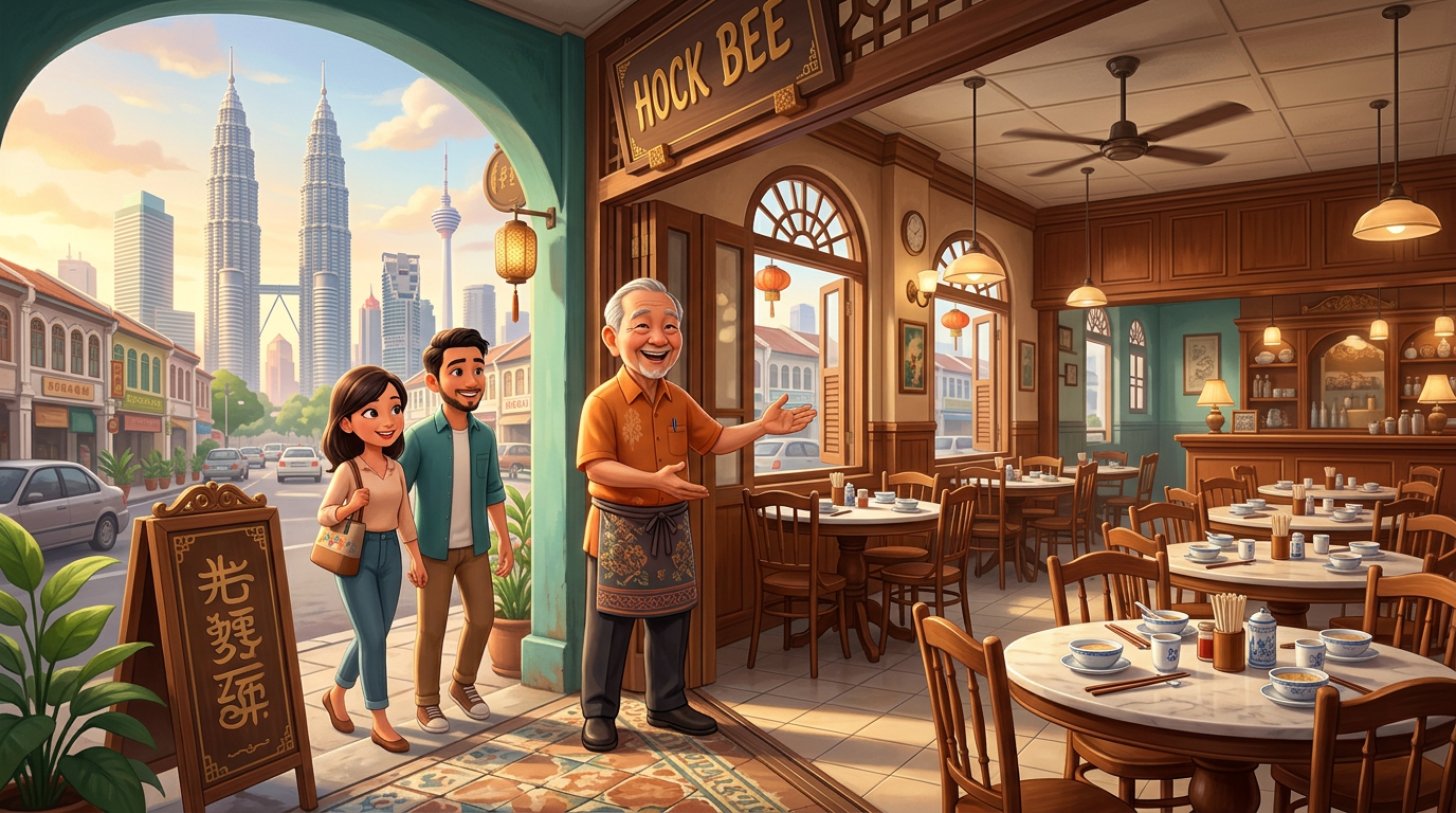 Malaysian restaurant owner welcoming two early diners into a quiet kopitiam dining room with empty marble tables and the Kuala Lumpur skyline through the window