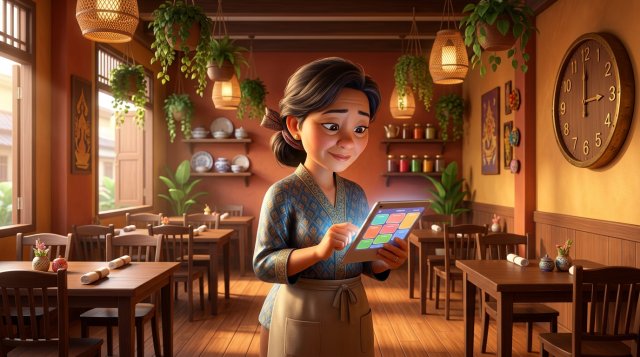 เจ้าของร้านอาหารไทยยืนดูแท็บเล็ตแสดงตารางส่วนลดในร้านที่โต๊ะว่างครึ่งร้านช่วงบ่าย