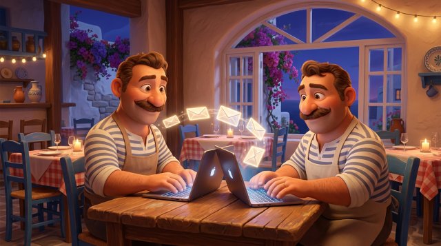 Εστιάτορας γράφει newsletter στο laptop του μέσα στην κλειστή σάλα του εστιατορίου, ενώ φωτεινοί φάκελοι πετούν από την οθόνη προς τα στρωμένα τραπέζια με τα αναμμένα κεριά
