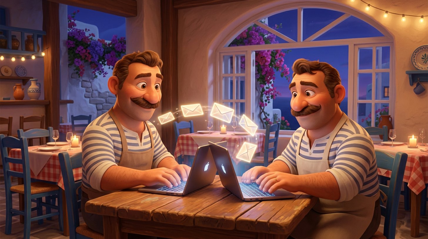 Εστιάτορας γράφει newsletter στο laptop του μέσα στην κλειστή σάλα του εστιατορίου, ενώ φωτεινοί φάκελοι πετούν από την οθόνη προς τα στρωμένα τραπέζια με τα αναμμένα κεριά