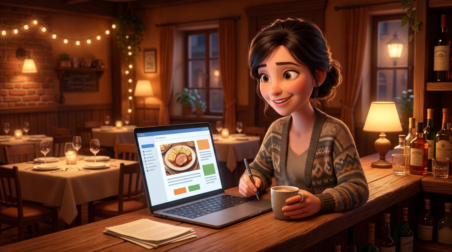 Restauratérka večer u baru své restaurace připravuje na notebooku e-mailový newsletter pro hosty
