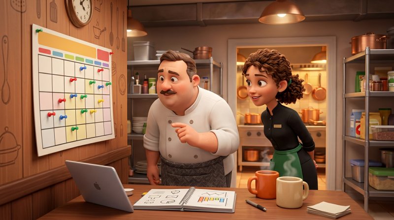 Kuchař a servírka plánují u nástěnného kalendáře termíny měsíčních rozesílek