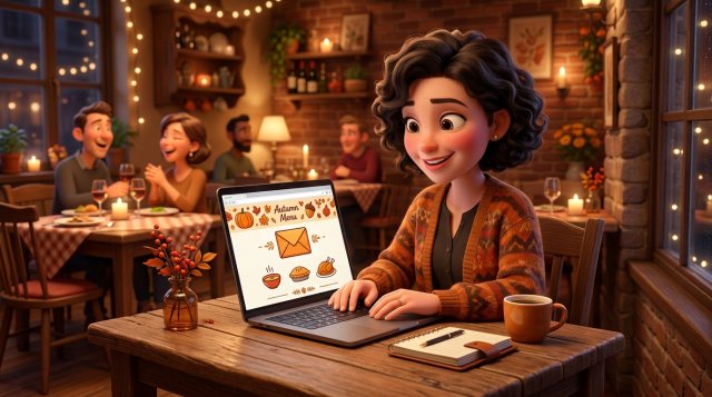 Restauratorka pisze wieczorem na laptopie newsletter do gości w przytulnej, ciepło oświetlonej restauracji
