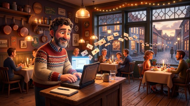 Restauratør sender en rolig aften et nyhedsbrev fra en bærbar computer i sin restaurant, mens kuverter svæver fra skærmen mod varmt oplyste, dækkede borde