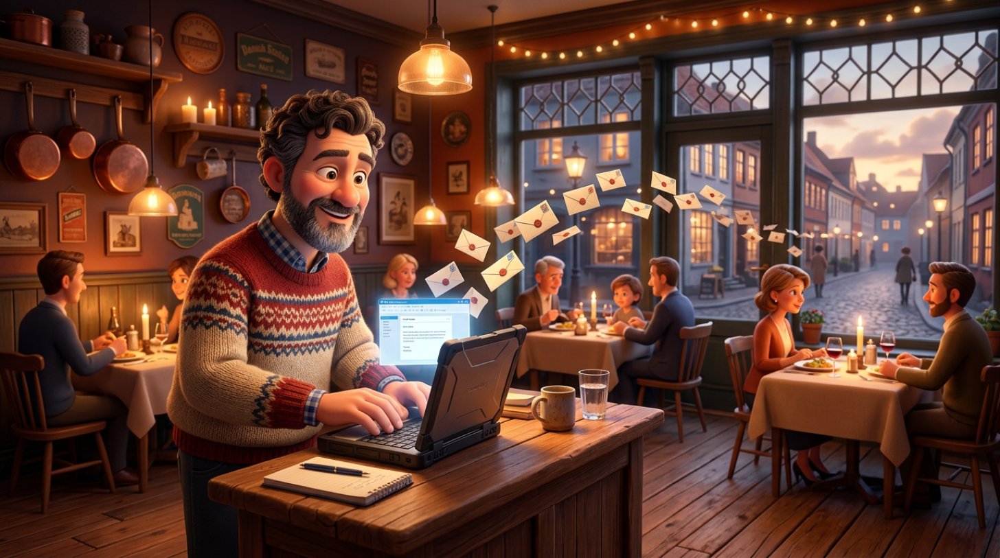 Restauratør sender en rolig aften et nyhedsbrev fra en bærbar computer i sin restaurant, mens kuverter svæver fra skærmen mod varmt oplyste, dækkede borde