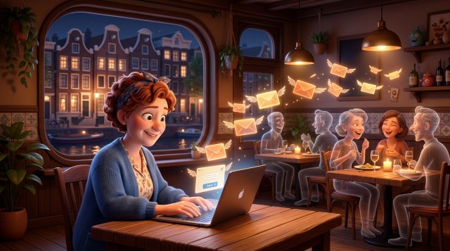 Illustratie van een restauranthoudster die 's avonds in haar lege zaak achter een laptop een nieuwsbrief verstuurt, terwijl enveloppen van het scherm naar warm verlichte tafels met gasten zweven