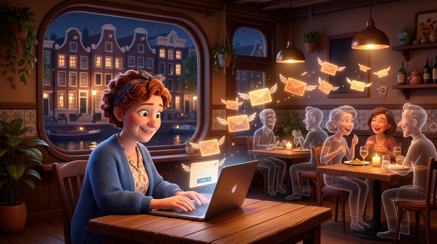 Illustratie van een restauranthoudster die 's avonds in haar lege zaak achter een laptop een nieuwsbrief verstuurt, terwijl enveloppen van het scherm naar warm verlichte tafels met gasten zweven