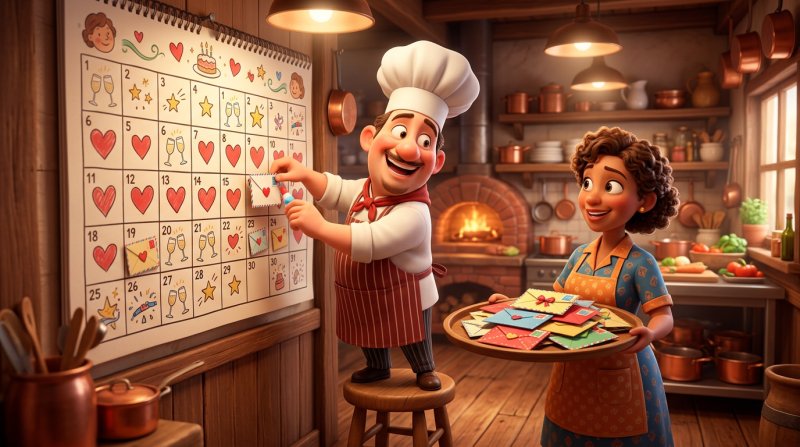 Chef a colar envelopes de email nas datas festivas de um grande calendário de parede na cozinha do restaurante