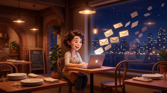 Ilustración de una restauradora sonriente escribiendo en su portátil por la noche en su restaurante cerrado, mientras sobres luminosos salen de la pantalla hacia la ciudad