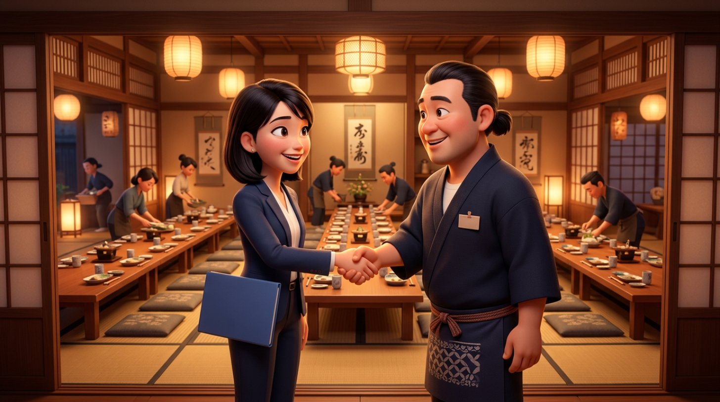 宴会用にセッティングされた個室の前で、幹事役の会社員と握手する店長のイラスト
