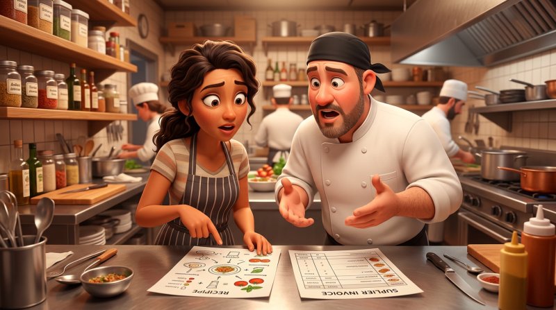 Propietaria de restaurante y cocinero comparando la ficha de una receta con una factura de proveedor en el pase de la cocina