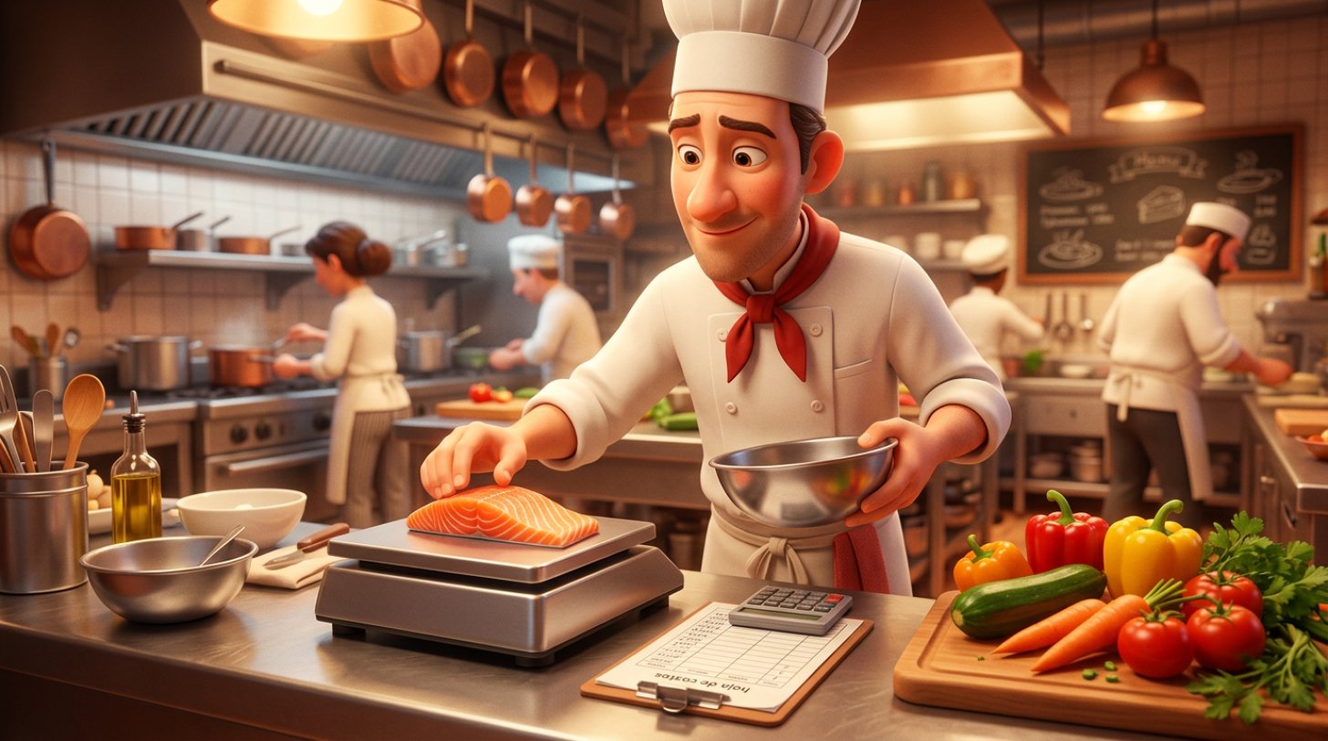 Ilustración de un chef pesando un filete de salmón en una báscula digital junto a una hoja de costes y una calculadora en la cocina de un restaurante