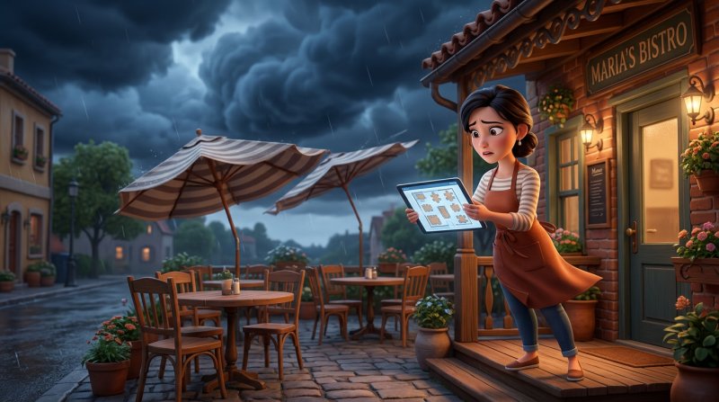 Dona de restaurante consulta o plano de mesas no tablet enquanto nuvens de chuva se aproximam da esplanada