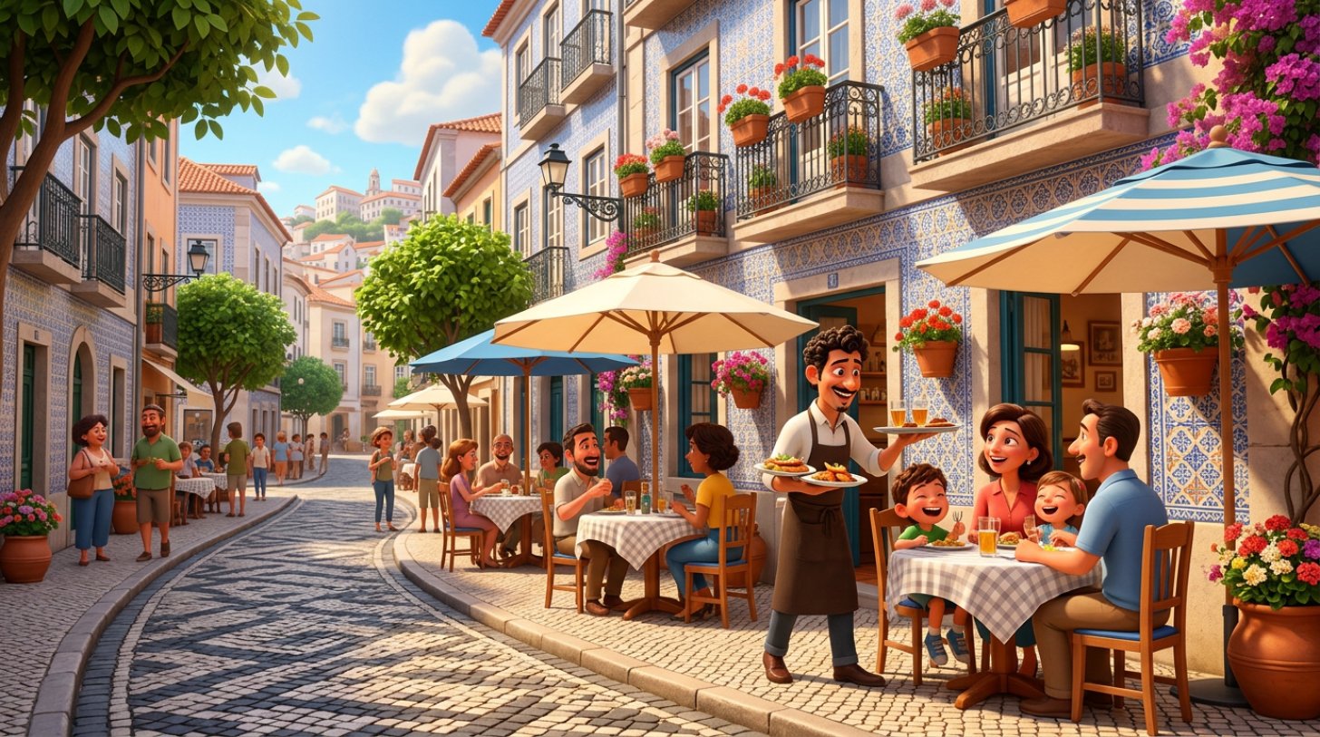Ilustração de uma esplanada solarenga de restaurante português com guarda-sóis, mesas postas e fachada de azulejos