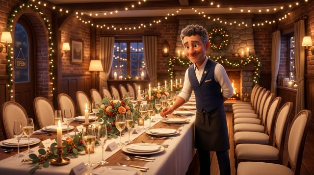 Restaurador dando el último toque a un salón privado con mesa larga, velas y luces cálidas preparado para una cena de empresa