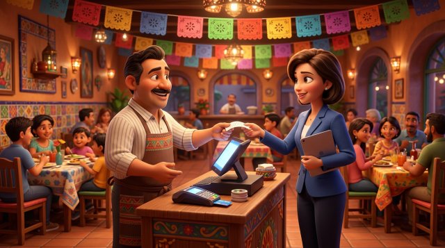 Restaurantero mexicano en la caja de su local entrega una factura a una clienta de negocios mientras el comedor colorido sigue lleno al fondo