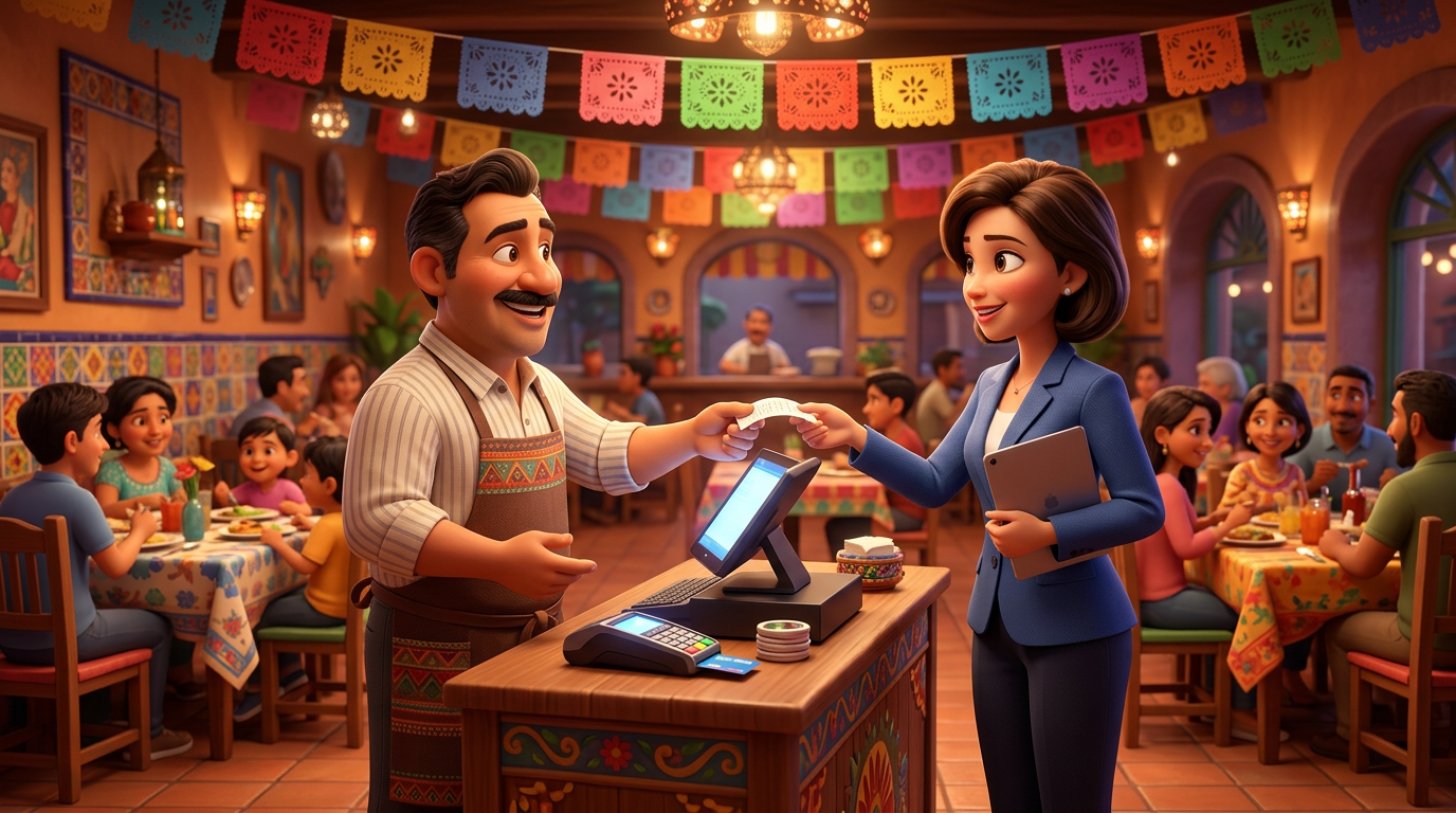 Restaurantero mexicano en la caja de su local entrega una factura a una clienta de negocios mientras el comedor colorido sigue lleno al fondo