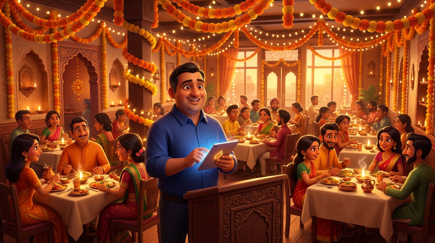 Indian restaurant dining room decorated with marigold garlands and oil lamps for the festive season, the owner checking bookings on a tablet while every table is full