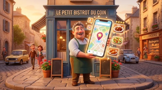 Restaurateur fier devant son établissement, tenant un smartphone affichant sa fiche Google sur une carte avec une épingle de localisation