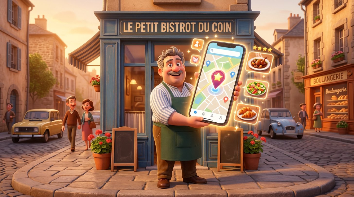 Restaurateur fier devant son établissement, tenant un smartphone affichant sa fiche Google sur une carte avec une épingle de localisation