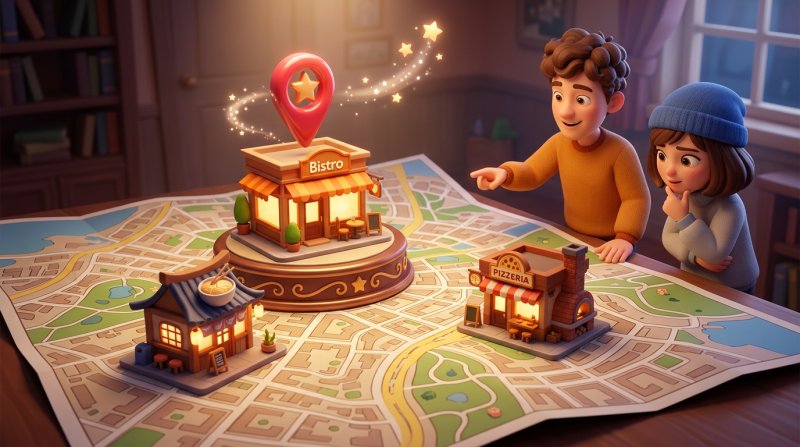 Trois restaurants stylisés posés sur une carte de ville, le mieux classé mis en avant avec une épingle géante et des étoiles