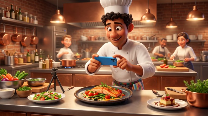 Chef photographiant un plat coloré avec son smartphone dans une cuisine professionnelle lumineuse