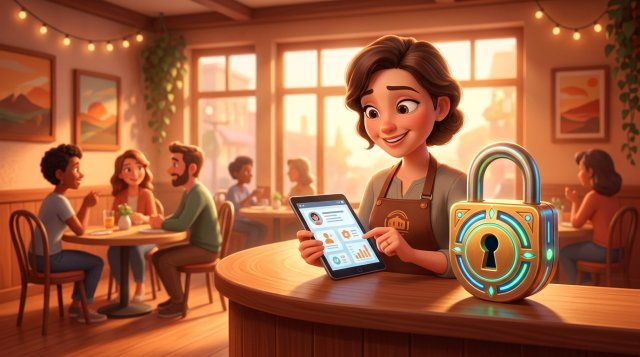 Illustration d'une restauratrice consultant sereinement son fichier clients sur une tablette, un cadenas symbolisant la protection des données posé sur le comptoir