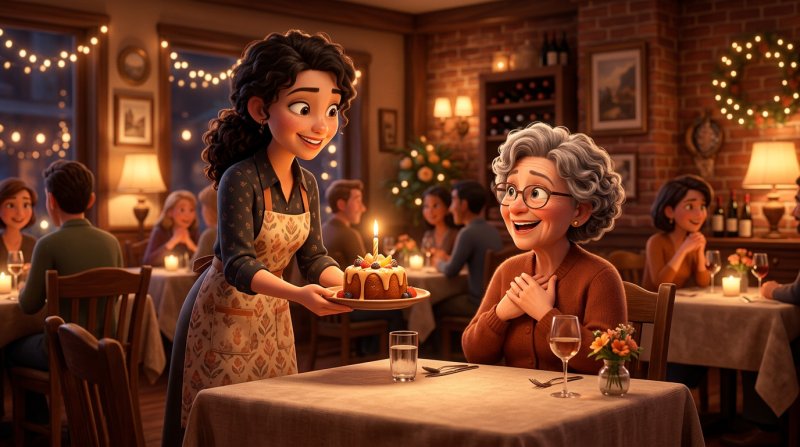 Serveuse apportant un dessert d'anniversaire avec une bougie à une cliente régulière agréablement surprise
