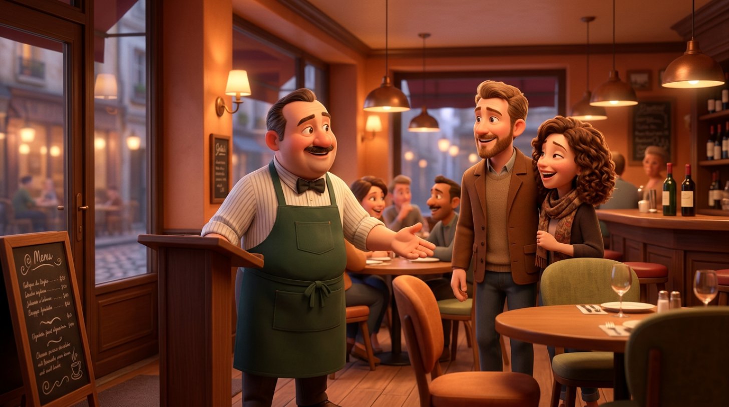 Illustration d'un restaurateur accueillant chaleureusement un couple d'habitués et leur désignant leur table préférée près de la fenêtre
