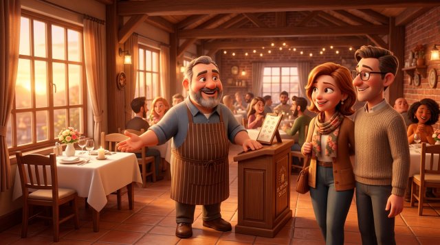 Ilustración de un restaurador recibiendo calurosamente a una pareja de clientes habituales y señalándoles su mesa favorita junto a la ventana
