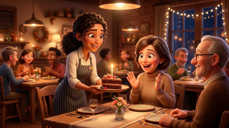 Camarera llevando un postre de cumpleaños con una velita a una clienta habitual gratamente sorprendida