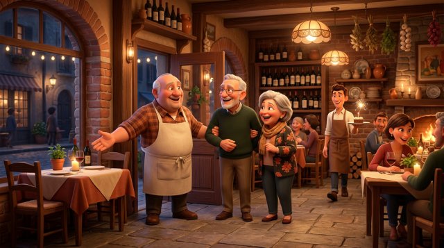Illustrazione di un ristoratore italiano che accoglie con calore una coppia di clienti abituali all'ingresso della trattoria e indica il loro tavolo preferito vicino alla finestra
