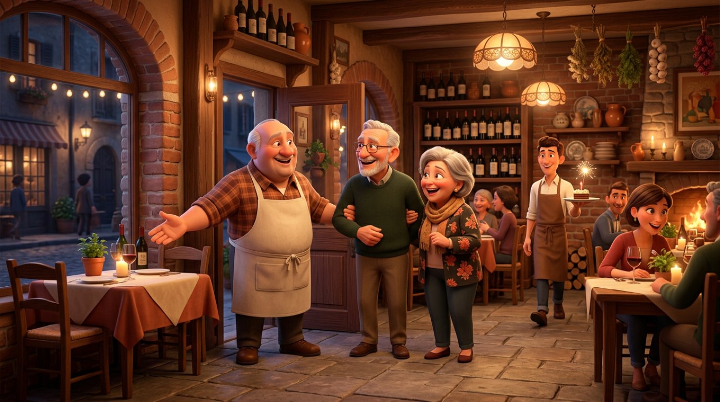 Illustrazione di un ristoratore italiano che accoglie con calore una coppia di clienti abituali all'ingresso della trattoria e indica il loro tavolo preferito vicino alla finestra