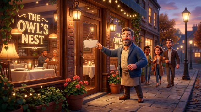 Illustration of a smiling restaurant owner flipping the Open sign of his restaurant on a quiet weekday evening, warm dining room in the background