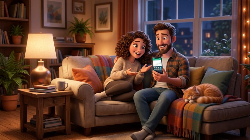 Couple on their sofa on a Sunday evening booking a restaurant table for Tuesday on a smartphone
