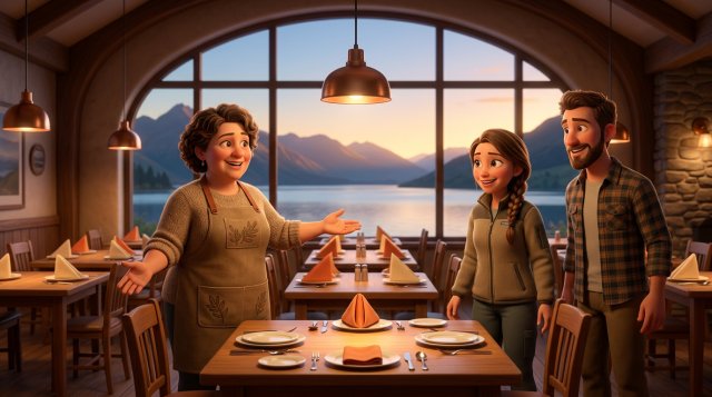 New Zealand restaurant owner welcoming two early diners to the first table of the evening service, with empty tables set behind them and a lakeside view through the window