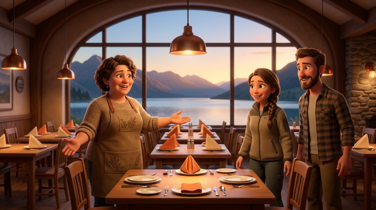 New Zealand restaurant owner welcoming two early diners to the first table of the evening service, with empty tables set behind them and a lakeside view through the window