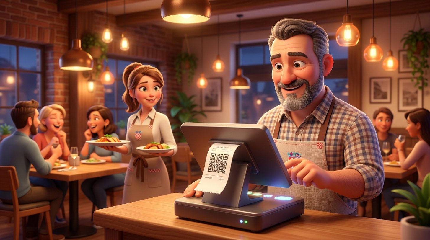 Vlasnik restorana za blagajnom izdaje račun s QR kodom dok konobarica u pozadini poslužuje goste