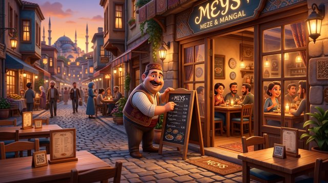 Girişindeki fiyat listesi panosunu düzelten restoran işletmecisi, arkasında masa üstü menü standları ve karekod standları bulunan sıcak bir İstanbul restoranı
