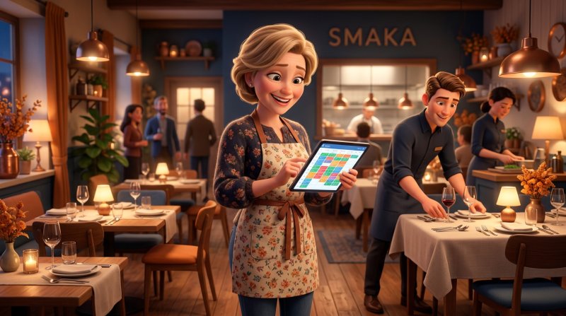 Restaurangägare som nöjt tittar på ett fullbokat bokningsschema på en surfplatta i sin matsal
