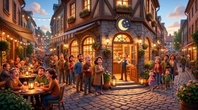 Illustration av en livlig restaurang en tidig kväll med fullsatt uteservering och en kö av glada gäster på väg in