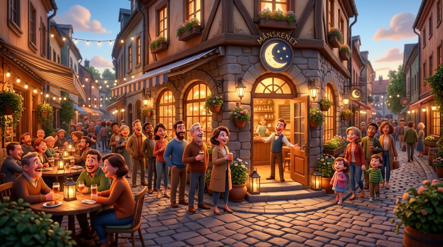 Illustration av en livlig restaurang en tidig kväll med fullsatt uteservering och en kö av glada gäster på väg in