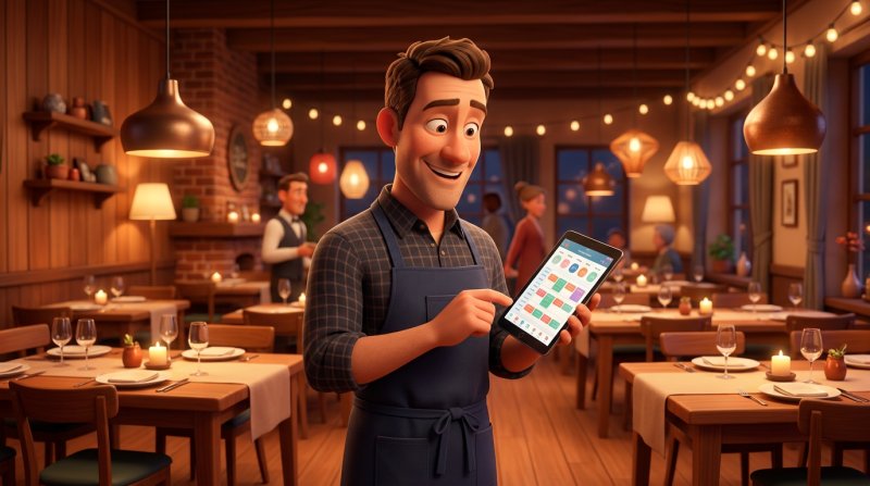 Restauratør der tilfreds kigger på en fyldt bookingoversigt på en tablet i sin restaurant