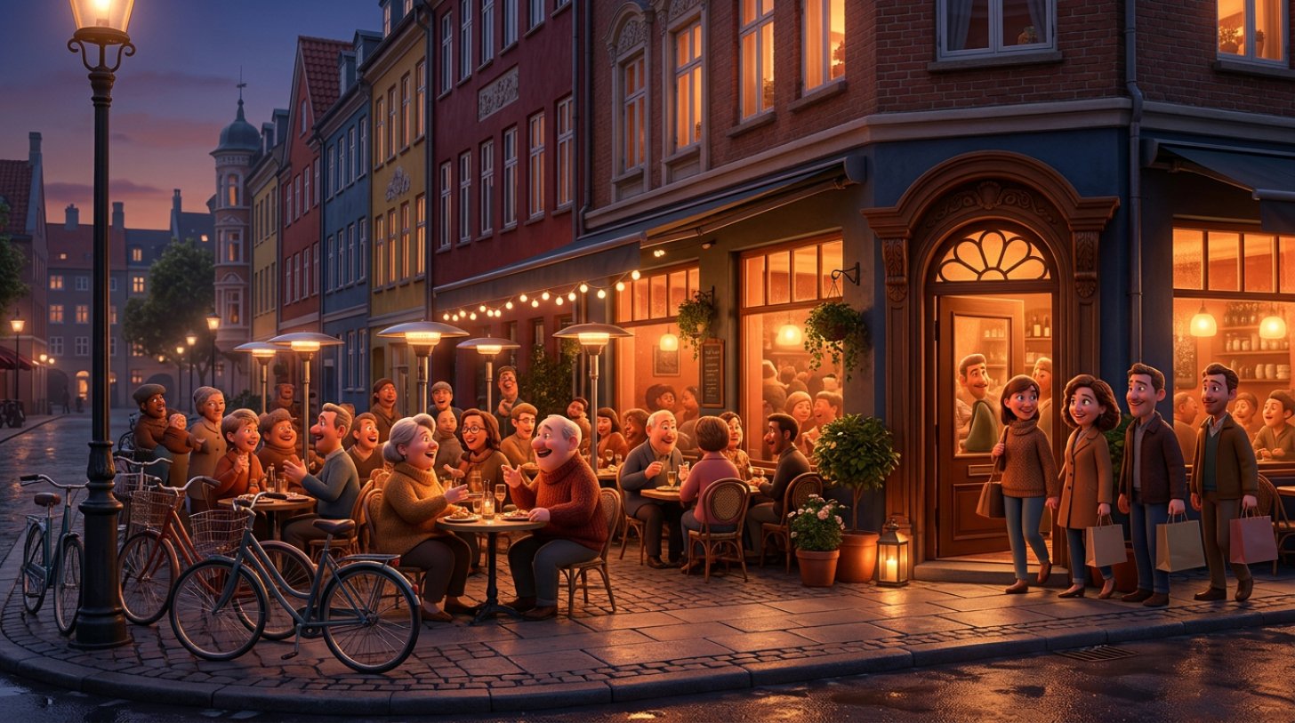 Illustration af en travl dansk restaurant en tidlig aften med fyldt udeservering og glade gæster på vej ind ad døren