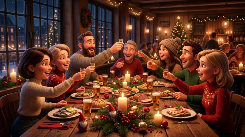 Festligt dækket julefrokostbord i en dansk restaurant med levende lys og glade gæster omkring sildemadder og snaps