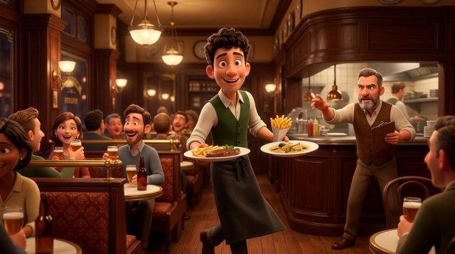 Illustration d'un jeune serveur flexi-jobber souriant portant des assiettes dans une brasserie belge animée, le patron coordonnant le service en arrière-plan