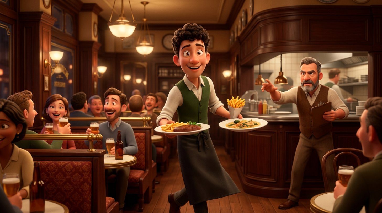 Illustration d'un jeune serveur flexi-jobber souriant portant des assiettes dans une brasserie belge animée, le patron coordonnant le service en arrière-plan