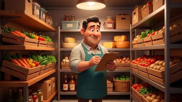 Illustration of a restaurant owner counting inventory in his walk-in storage room, clipboard in hand, surrounded by shelves of vegetables, cheese and labeled containers