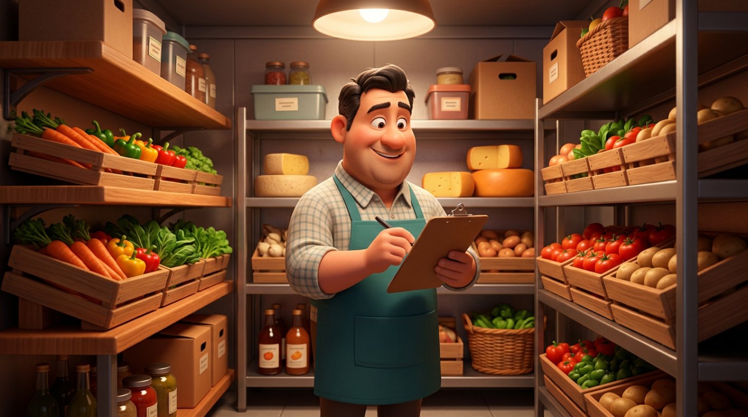 Illustration of a restaurant owner counting inventory in his walk-in storage room, clipboard in hand, surrounded by shelves of vegetables, cheese and labeled containers