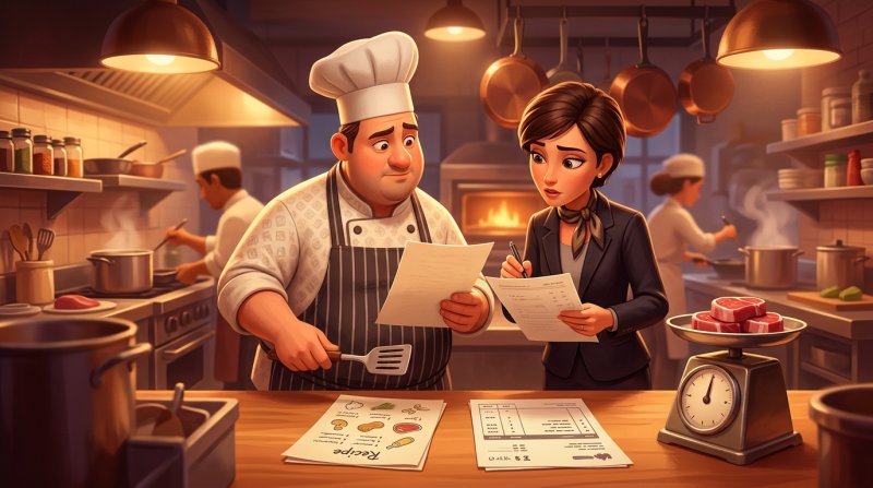Chef and restaurant manager at the kitchen pass comparing a recipe sheet with a purchase invoice, a scale with portioned meat beside them